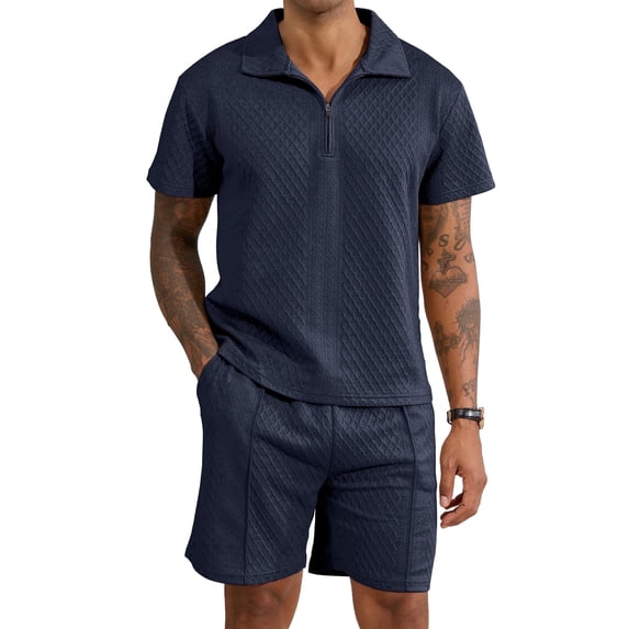 Colsmile Men's 2-Piece Summer Outfit Set - Textured Quarter-Zip Polo Shirt & Drawstring Shorts, Casual Vacation Summer Set