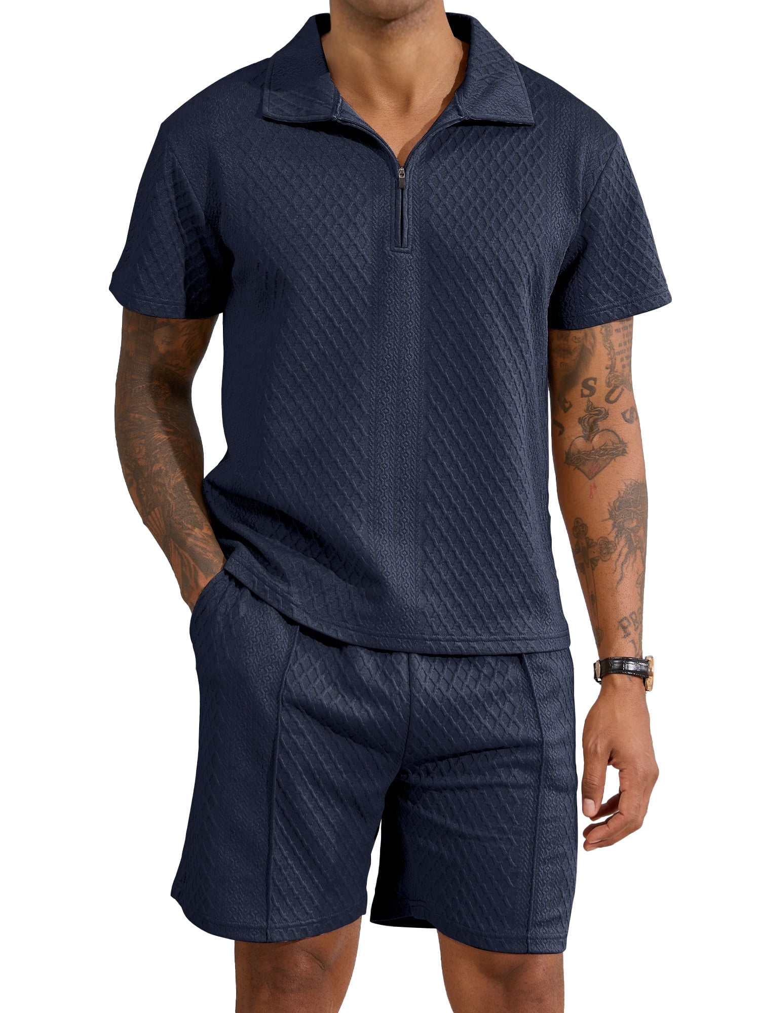 Men's 2-Piece Summer Outfit Set - Textured Quarter-Zip Polo Shirt & Drawstring Shorts, Casual Loungewear Tracksuit