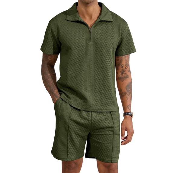 Colsmile Men's 2-Piece Summer Outfit Set - Textured Quarter-Zip Polo Shirt & Drawstring Shorts, Casual Vacation Summer Set