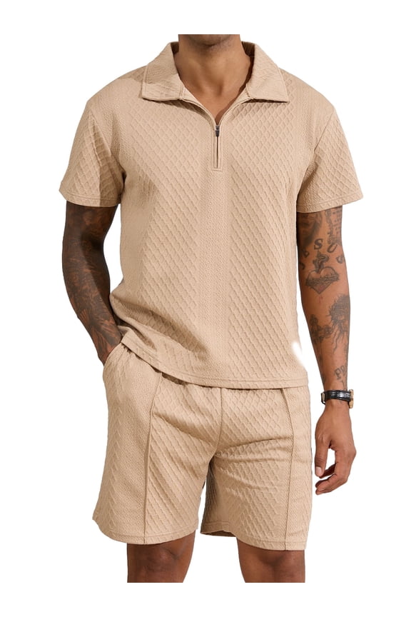 Men's 2-Piece Summer Outfit Set - Textured Quarter-Zip Polo Shirt & Drawstring Shorts, Casual Loungewear Tracksuit