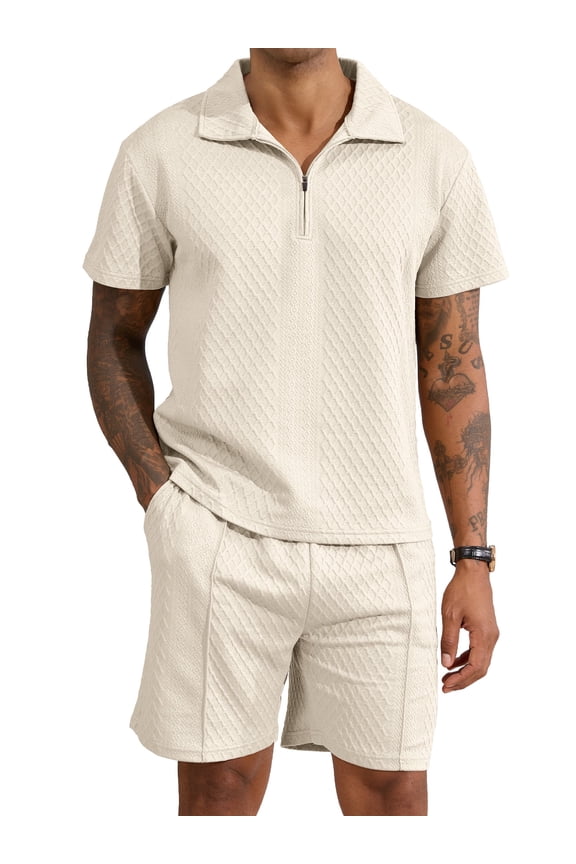 Men's 2-Piece Summer Outfit Set - Textured Quarter-Zip Polo Shirt & Drawstring Shorts, Casual Loungewear Tracksuit