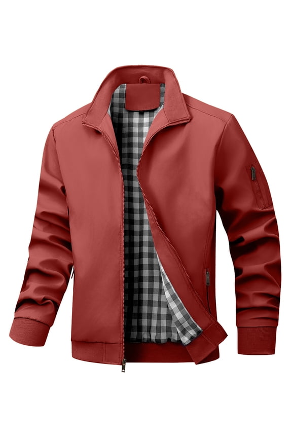 Men's Bomber Jacket, Lightweight Casual Zip Up Windbreaker with Plaid Lining
