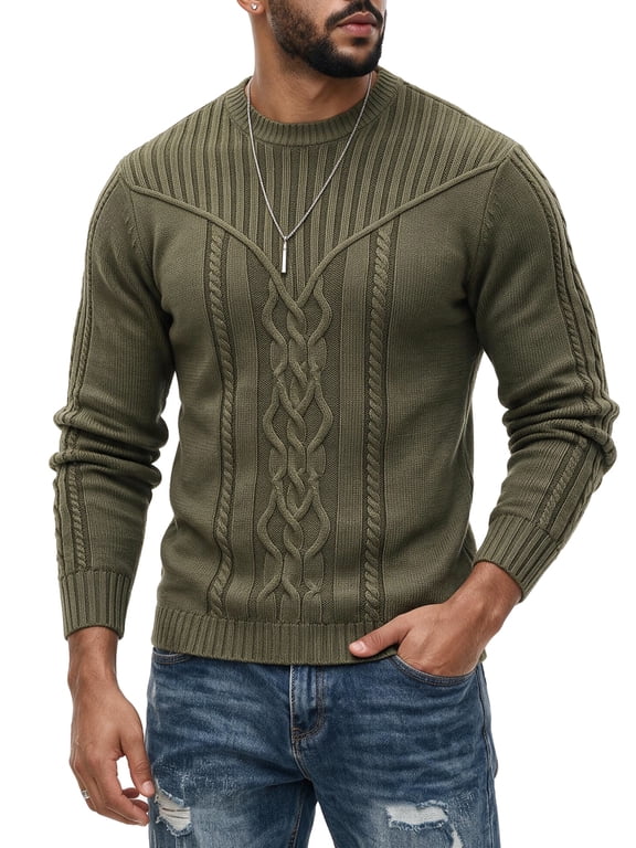 Men's Cable Knit Crewneck Sweater, Casual Long Sleeve Pullover for Fall Winter