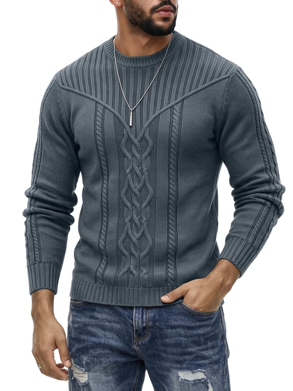 Men's Cable Knit Crewneck Sweater, Casual Long Sleeve Pullover for Fall Winter
