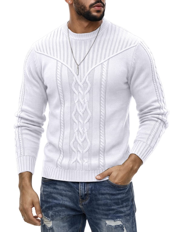 Men's Cable Knit Crewneck Sweater, Casual Long Sleeve Pullover for Fall Winter