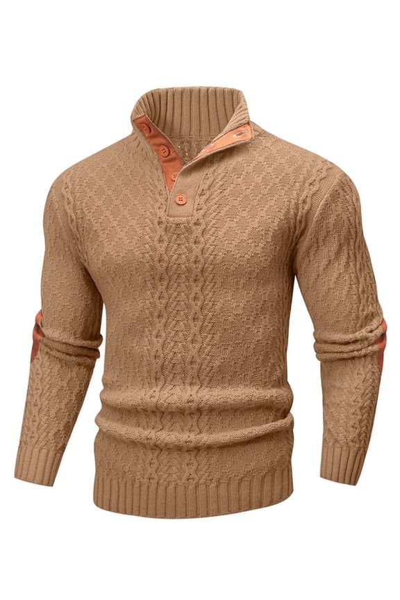 Men's Cable Knit Sweater Stand Collar Quarter Button Pullover Casual Long Sleeve Knitwear