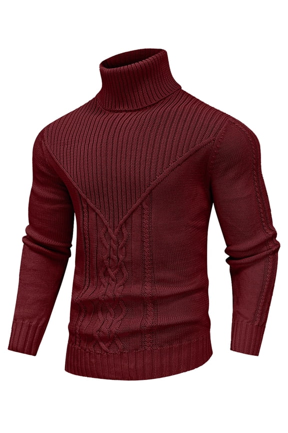 Men's Cable Knit Turtleneck Sweater, Ribbed Long Sleeve Pullover Sweater, Casual Knitted Thermal Sweater for Fall Winter