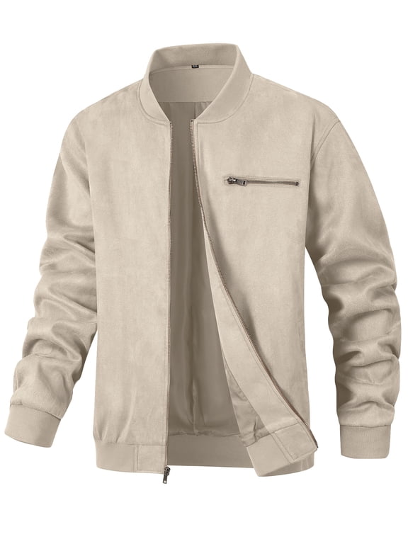 Men's Faux Suede Bomber Jacket, Casual Lightweight Vintage Varsity Coat Zip Up Outerwear