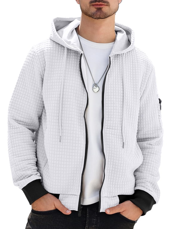 Men's Hoodie Full Zip Lightweight Waffle Knit Sweatshirt Casual Long Sleeve Jacket with Pockets Spring Fall Winter