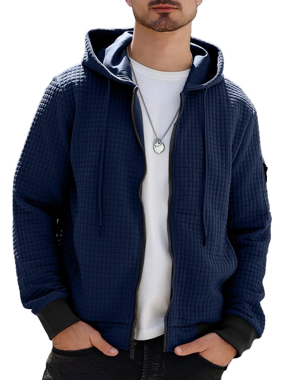 Men's Hoodie Full Zip Lightweight Waffle Knit Sweatshirt Casual Long Sleeve Jacket with Pockets Spring Fall Winter
