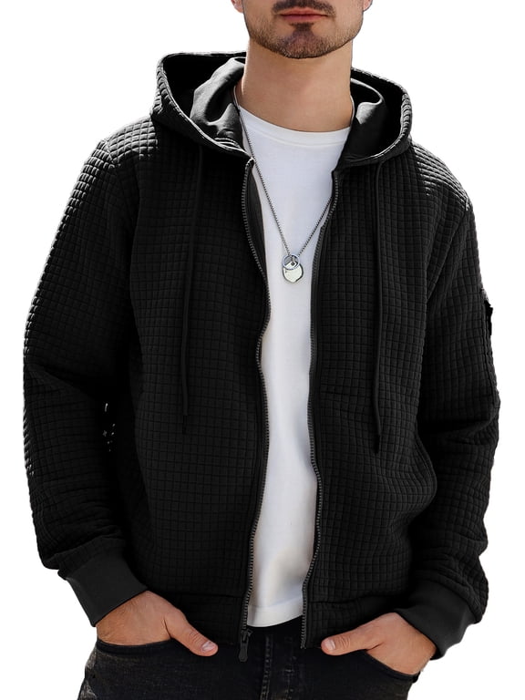 Men's Hoodie Full Zip Lightweight Waffle Knit Sweatshirt Casual Long Sleeve Jacket with Pockets Spring Fall Winter