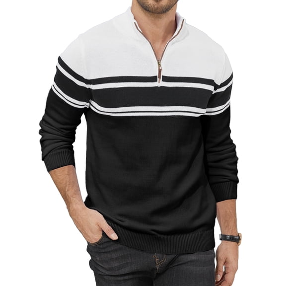 Colsmile Men's Quarter Zip Sweater Striped Ribbed Knit Pullover Casual Mock Neck Sweatshirt for Daily Wear
