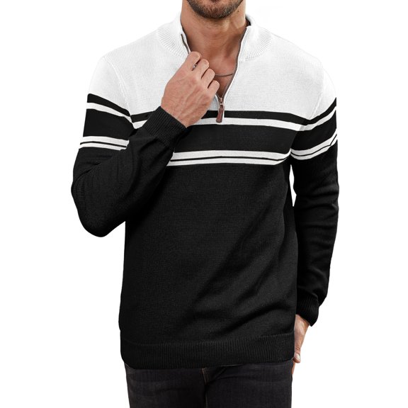 Colsmile Men's Sweater Quarter Zip Pullover Mock Neck Striped Knit Long Sleeve Fall Winter Warm Casual