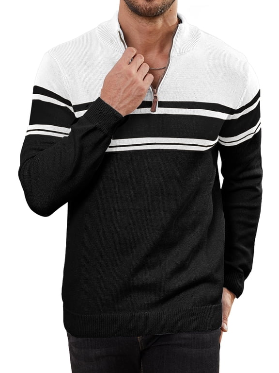 Men's Sweater Quarter Zip Pullover Mock Neck Striped Knit Long Sleeve Fall Winter Warm Casual