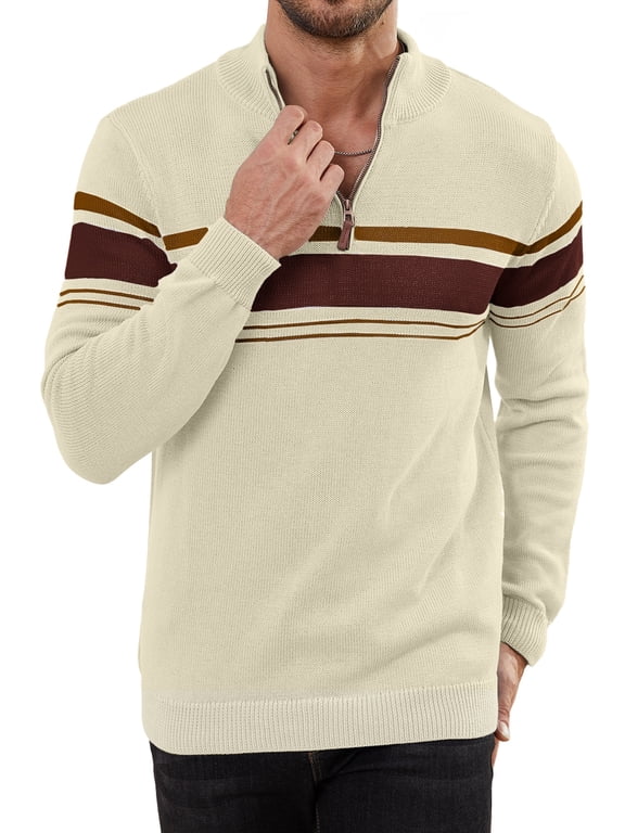 Men's Sweater Quarter Zip Pullover Mock Neck Striped Knit Long Sleeve Fall Winter Warm Casual
