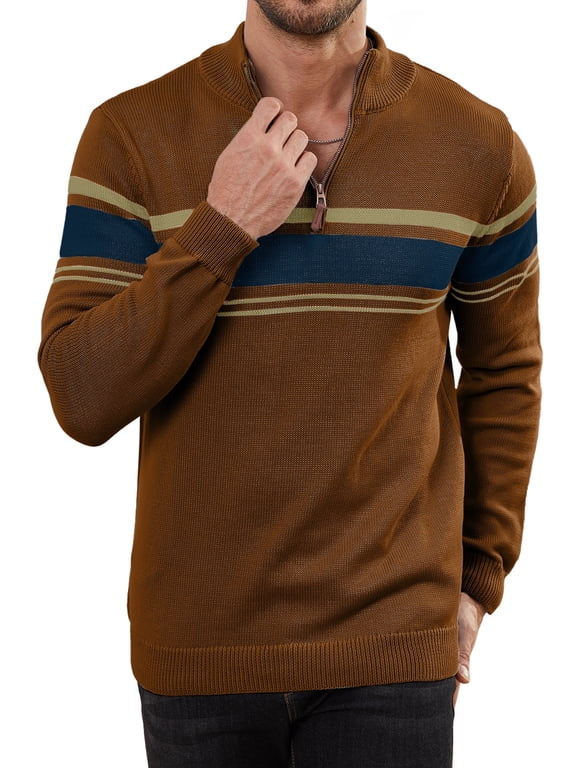 Men's Sweater Quarter Zip Pullover Mock Neck Striped Knit Long Sleeve Fall Winter Warm Casual