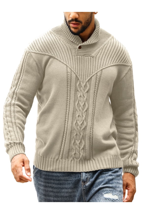 Men's Shawl Collar Button Knit Sweater, Casual Cable Knit Pullover for Fall Winter, Comfortable Warm Sweater for Men