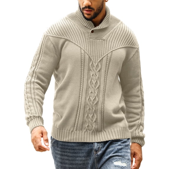 Colsmile Men Cable Knit Shawl Collar Sweater, Double Button Mock Neck Pullover, Soft Stretch Warm Knit Jumper for Fall Winter Casual Daily Wear