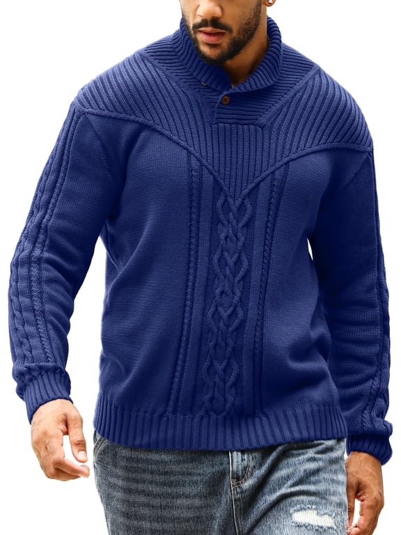 Men's Shawl Collar Button Knit Sweater, Casual Cable Knit Pullover for Fall Winter, Comfortable Warm Sweater for Men