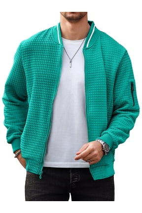 Men's Waffle Knit Bomber Jacket, Lightweight Full Zip Varsity Baseball Coat with Pockets for Spring Fall,Mint Green S