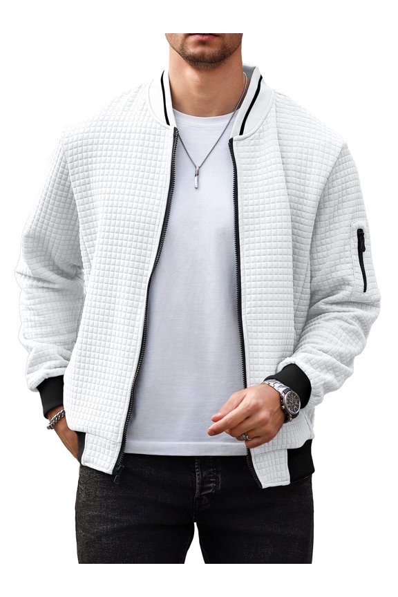 Men's Waffle Knit Bomber Jacket, Lightweight Full Zip Varsity Baseball Coat with Pockets for Spring Fall,White M