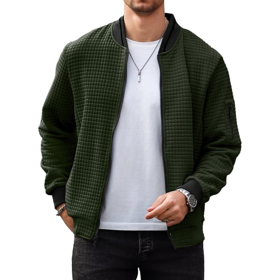 Colsmile Men's Waffle Knit Bomber Jacket, Lightweight Full Zip Varsity Baseball Coat with Pockets for Spring Fall,Armygreen L