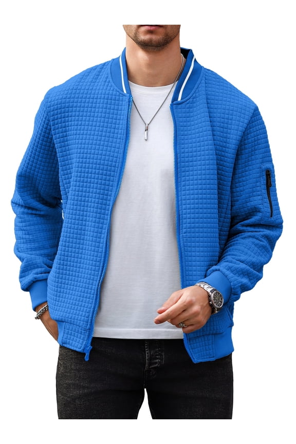 Men's Waffle Knit Bomber Jacket, Lightweight Full Zip Varsity Baseball Coat with Pockets for Spring Fall,Royal Blue 3XL