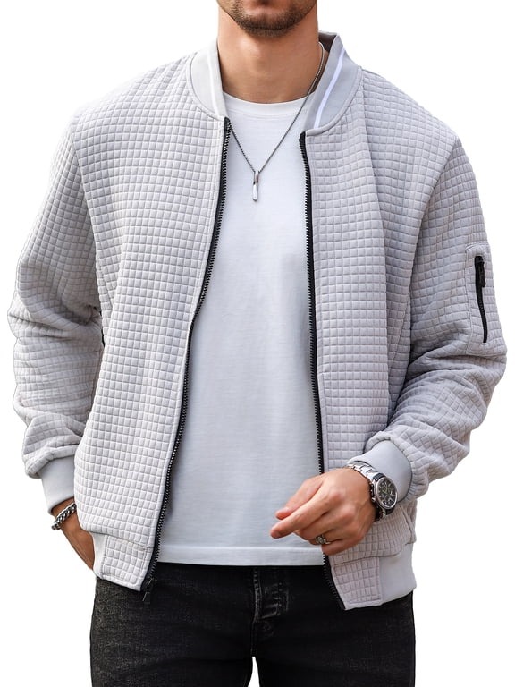 Men's Waffle Knit Bomber Jacket, Lightweight Full Zip Varsity Baseball Coat with Pockets for Spring Fall,Light Gray S