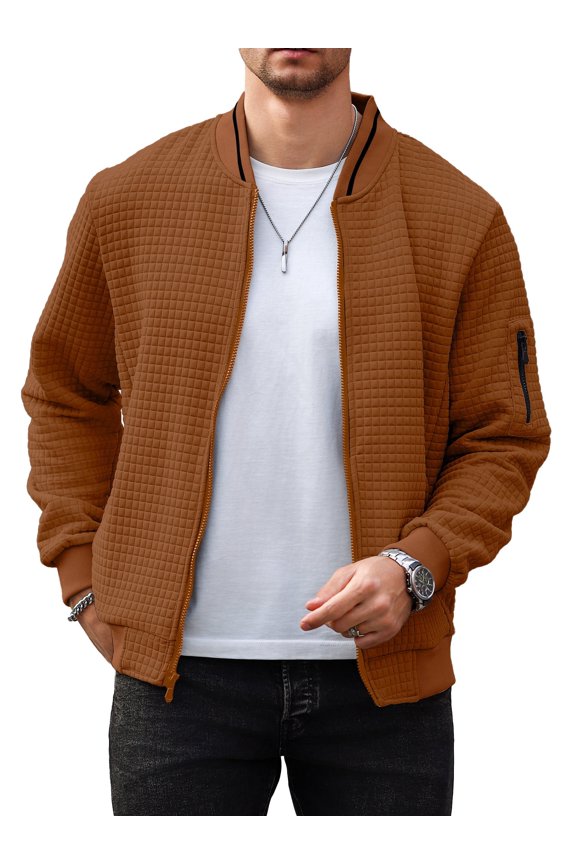 Men's Waffle Knit Bomber Jacket, Lightweight Full Zip Varsity Baseball Coat with Pockets for Spring Fall,Brown XL