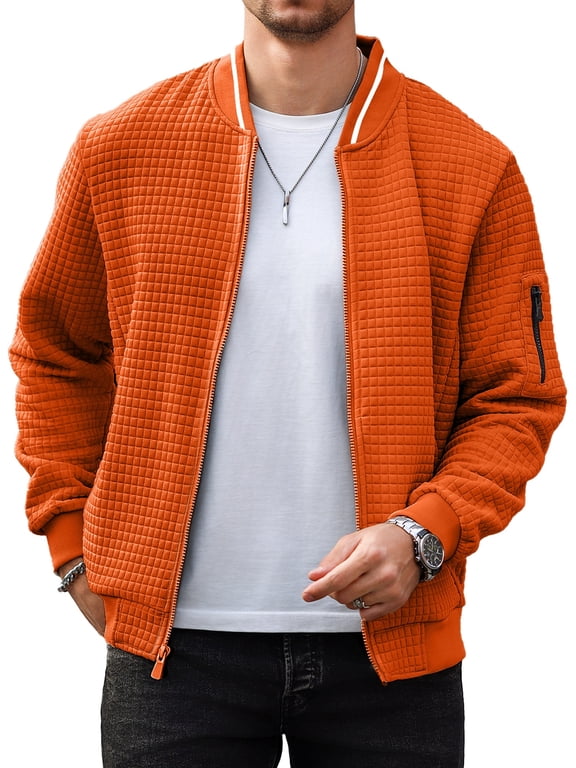 Men's Waffle Knit Bomber Jacket, Lightweight Full Zip Varsity Baseball Coat with Pockets for Spring Fall,Orange 5XL