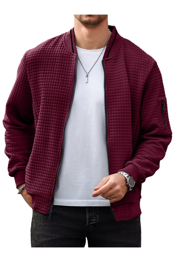 Men's Waffle Knit Bomber Jacket, Lightweight Full Zip Varsity Baseball Coat with Pockets for Spring Fall,Burgundy XL