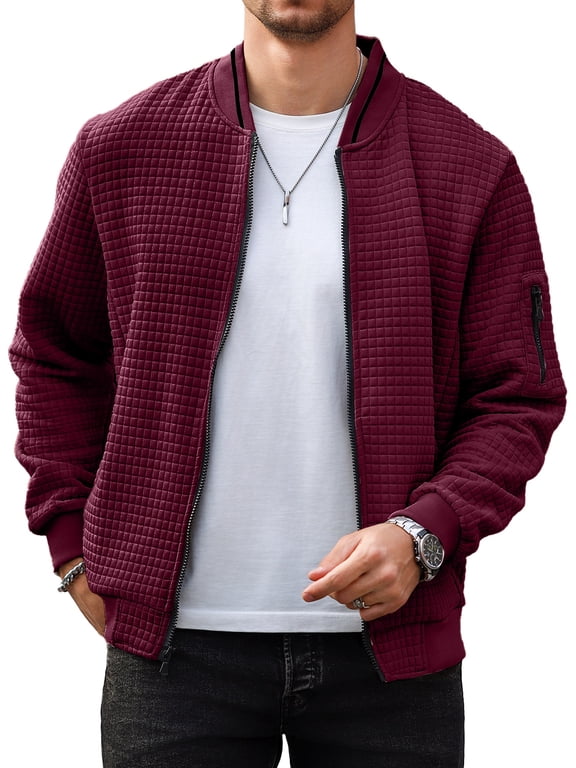 Men's Waffle Knit Bomber Jacket, Lightweight Full Zip Varsity Baseball Coat with Pockets for Spring Fall,Burgundy 4XL