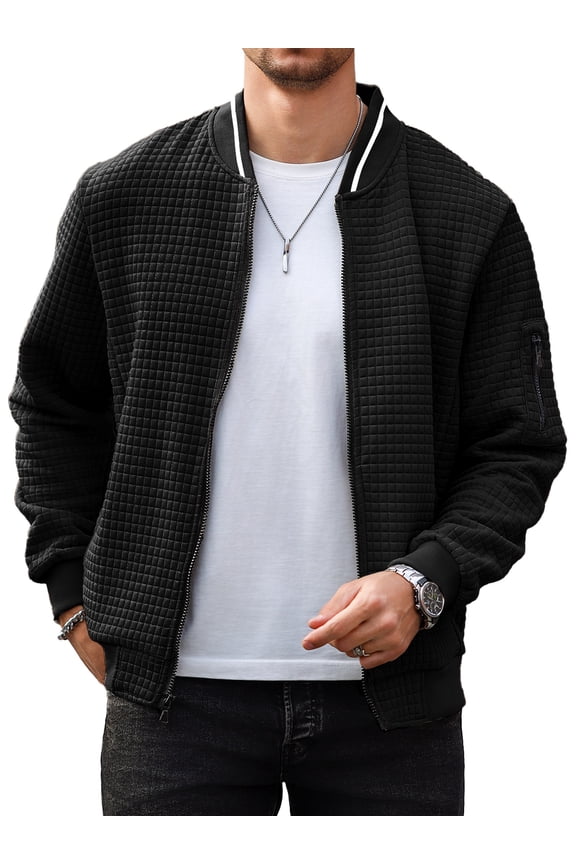 Men's Waffle Knit Bomber Jacket, Lightweight Full Zip Varsity Baseball Coat with Pockets for Spring Fall,Black XL