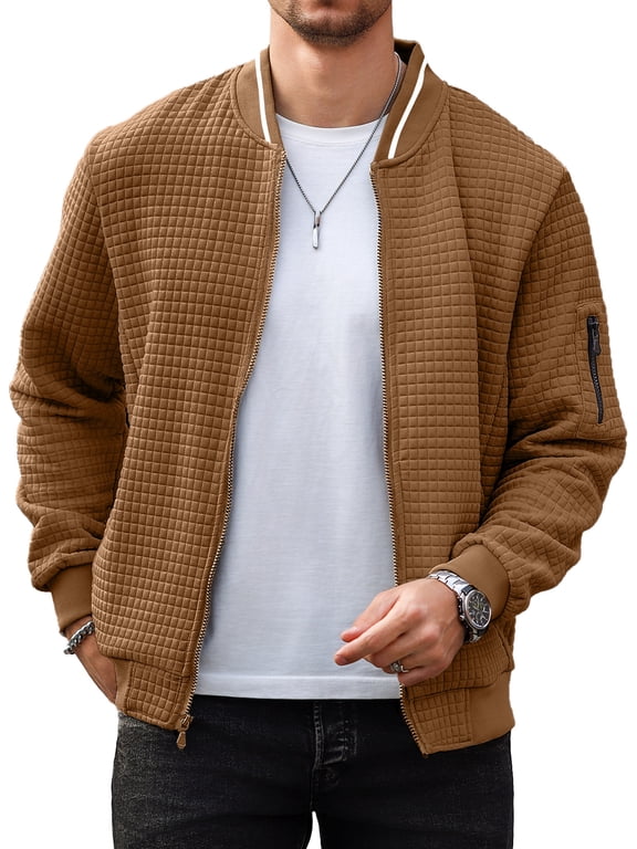 Men's Waffle Knit Bomber Jacket, Lightweight Full Zip Varsity Baseball Coat with Pockets for Spring Fall,Deep Khaki XL