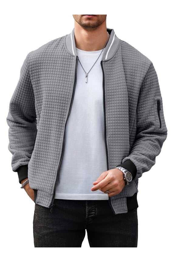 Men's Waffle Knit Bomber Jacket, Lightweight Full Zip Varsity Baseball Coat with Pockets for Spring Fall,Gray L