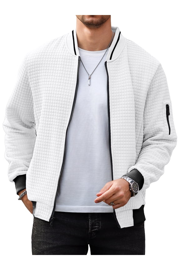 Men's Waffle Knit Bomber Jacket, Lightweight Full Zip Varsity Baseball Coat with Pockets for Spring Fall,White XL