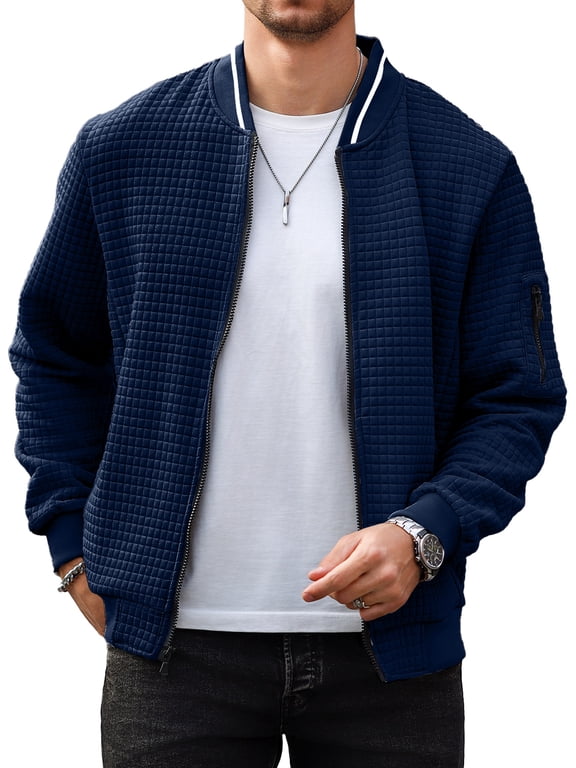 Men's Waffle Knit Bomber Jacket, Lightweight Full Zip Varsity Baseball Coat with Pockets for Spring Fall,Blue 3XL