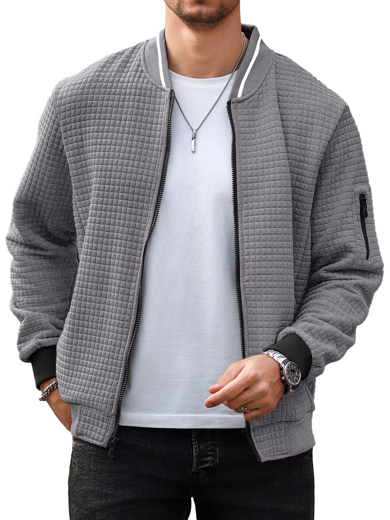 Colsmile Men's Waffle Knit Bomber Jacket, Lightweight Full Zip Varsity ...