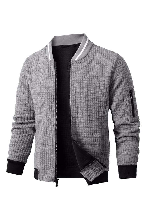 Men's Waffle Knit Bomber Jacket, Full Zip Casual Varsity Jackets Lightweight Baseball Coat with Pockets for Spring Fall