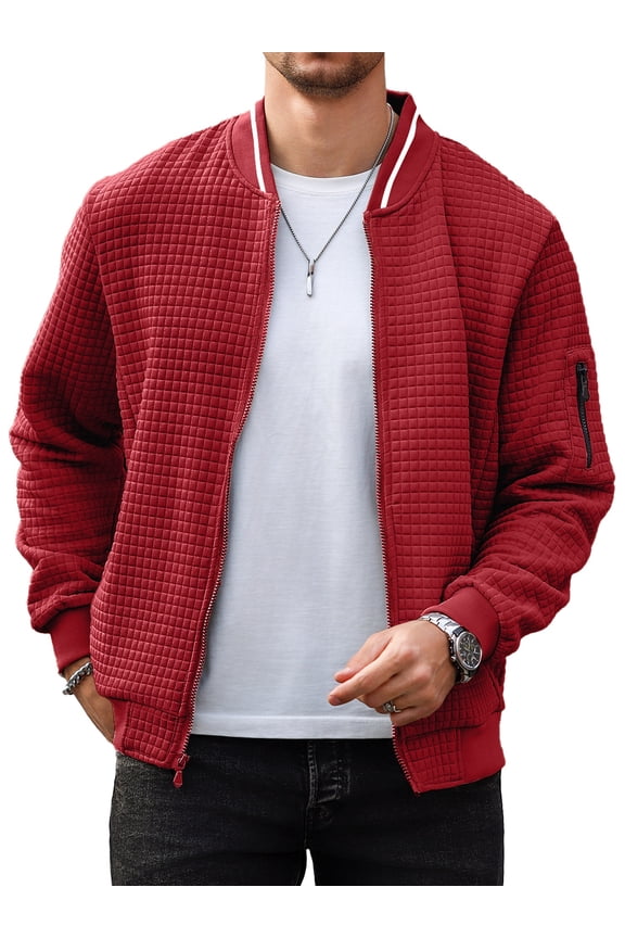 Men's Waffle Knit Bomber Jacket, Lightweight Full Zip Varsity Baseball Coat with Pockets for Spring Fall,Red L