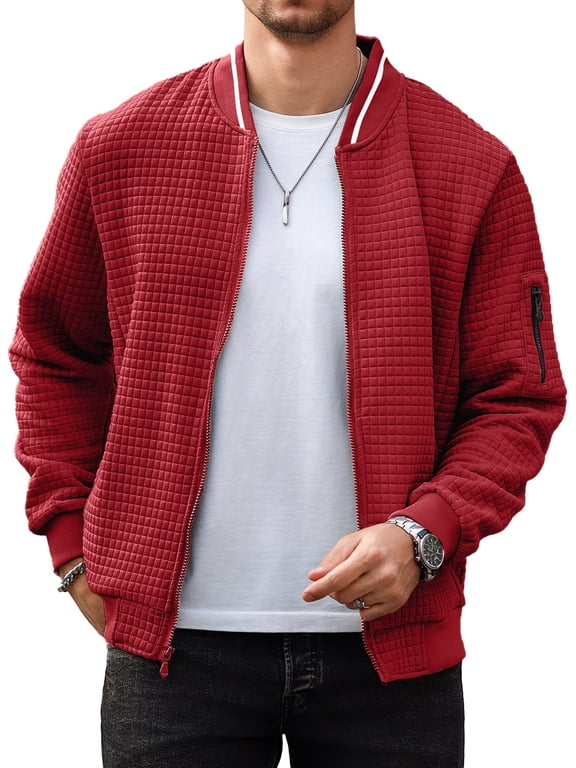 Men's Waffle Knit Bomber Jacket, Lightweight Full Zip Varsity Baseball Coat with Pockets for Spring Fall,Red 5XL