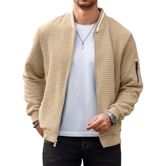 Colsmile Men's Waffle Knit Bomber Jacket, Lightweight Full Zip Varsity Baseball Coat with Pockets for Spring Fall,Khaki 2XL