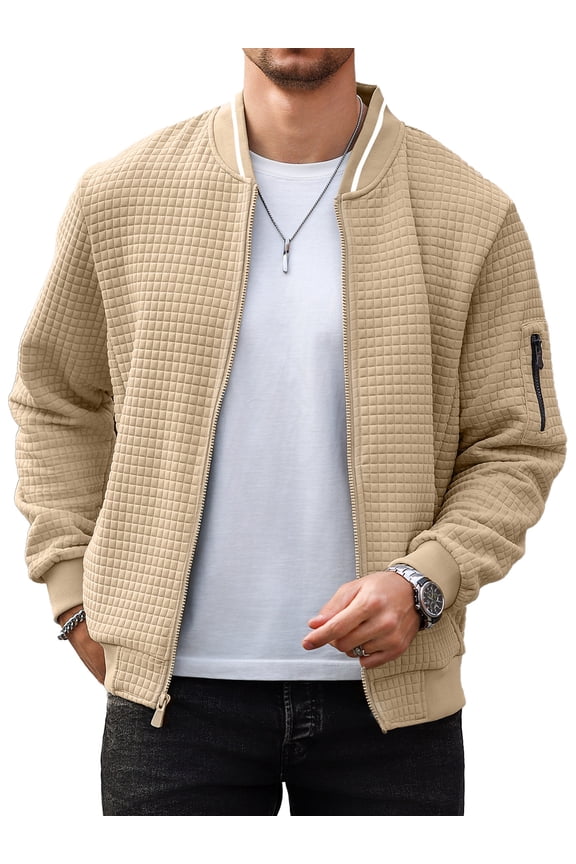Men's Waffle Knit Bomber Jacket, Lightweight Full Zip Varsity Baseball Coat with Pockets for Spring Fall,Khaki 2XL