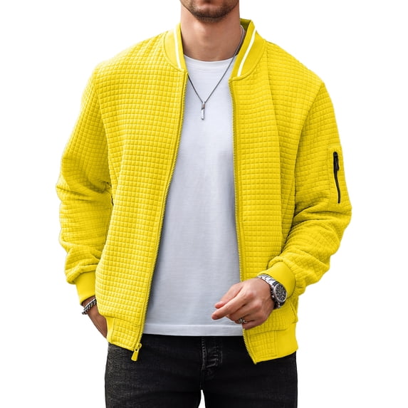 Colsmile Men's Waffle Knit Bomber Jacket, Lightweight Full Zip Varsity Baseball Coat with Pockets for Spring Fall,Yellow 2XL