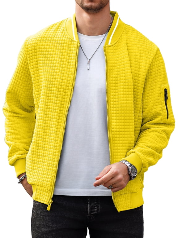 Men's Waffle Knit Bomber Jacket, Lightweight Full Zip Varsity Baseball Coat with Pockets for Spring Fall,Yellow L