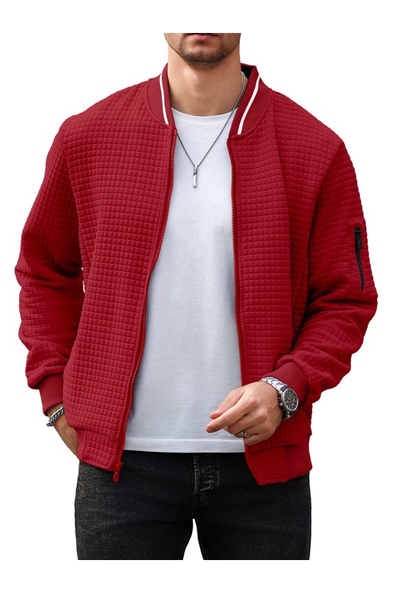 Men's Waffle Knit Bomber Jacket, Lightweight Full Zip Varsity Baseball Coat with Pockets for Spring Fall,Red 5XL