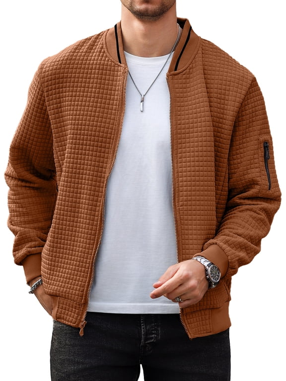 Men's Waffle Knit Bomber Jacket, Lightweight Full Zip Varsity Baseball Coat with Pockets for Spring Fall,Brown 4XL