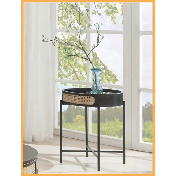 Colson Black Coffee Table - Wooden Top, Metal Legs & Rattan Insert with Space-Saving Storage for Living Room