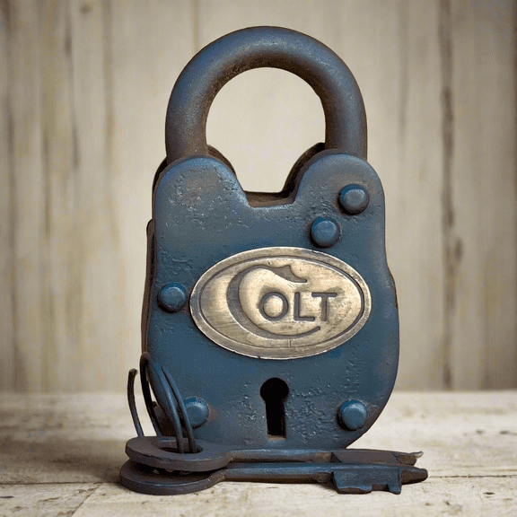 Colt Cast Iron Gate Lock With Brass Tag Keys & Antique Vintage Finish (2.5" x 1.5")