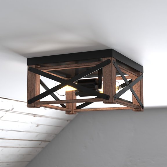Colton 12-in W Brown Wood Cage Flush Mount Ceiling Light Fixture